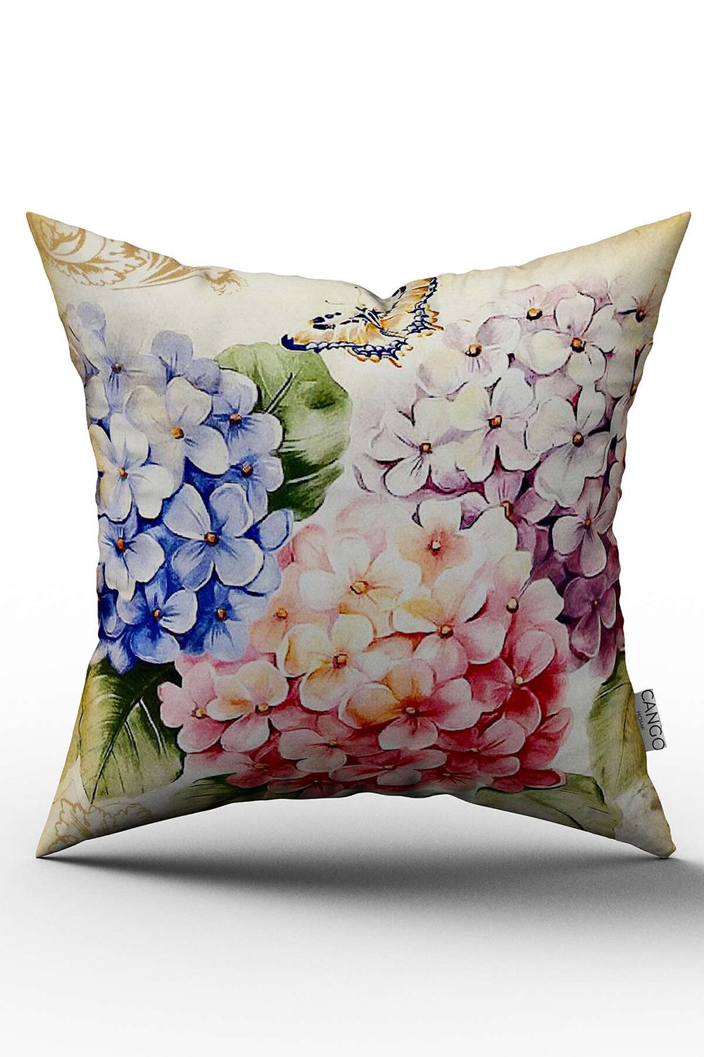 Çift Taraflı Turuncu Mavi Çiçekli Desenli Dijital Baskılı Kırlent Kılıfı - YST15-CT