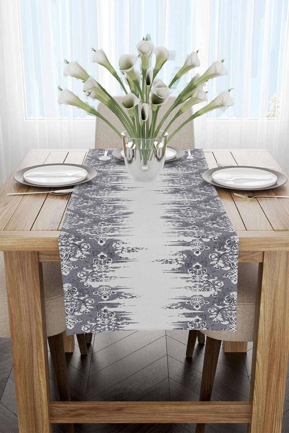Gri Etnik Damask Desenli Dijital Baskılı Runner CGH113-RN