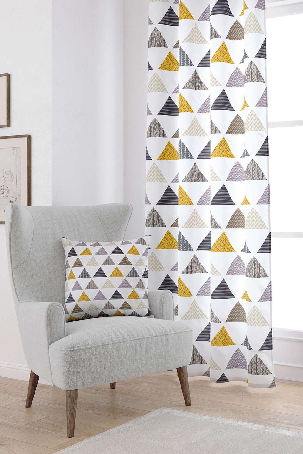 Gri Sarı Geometrik Desenli Dijital Baskılı Perde CGH078-PR