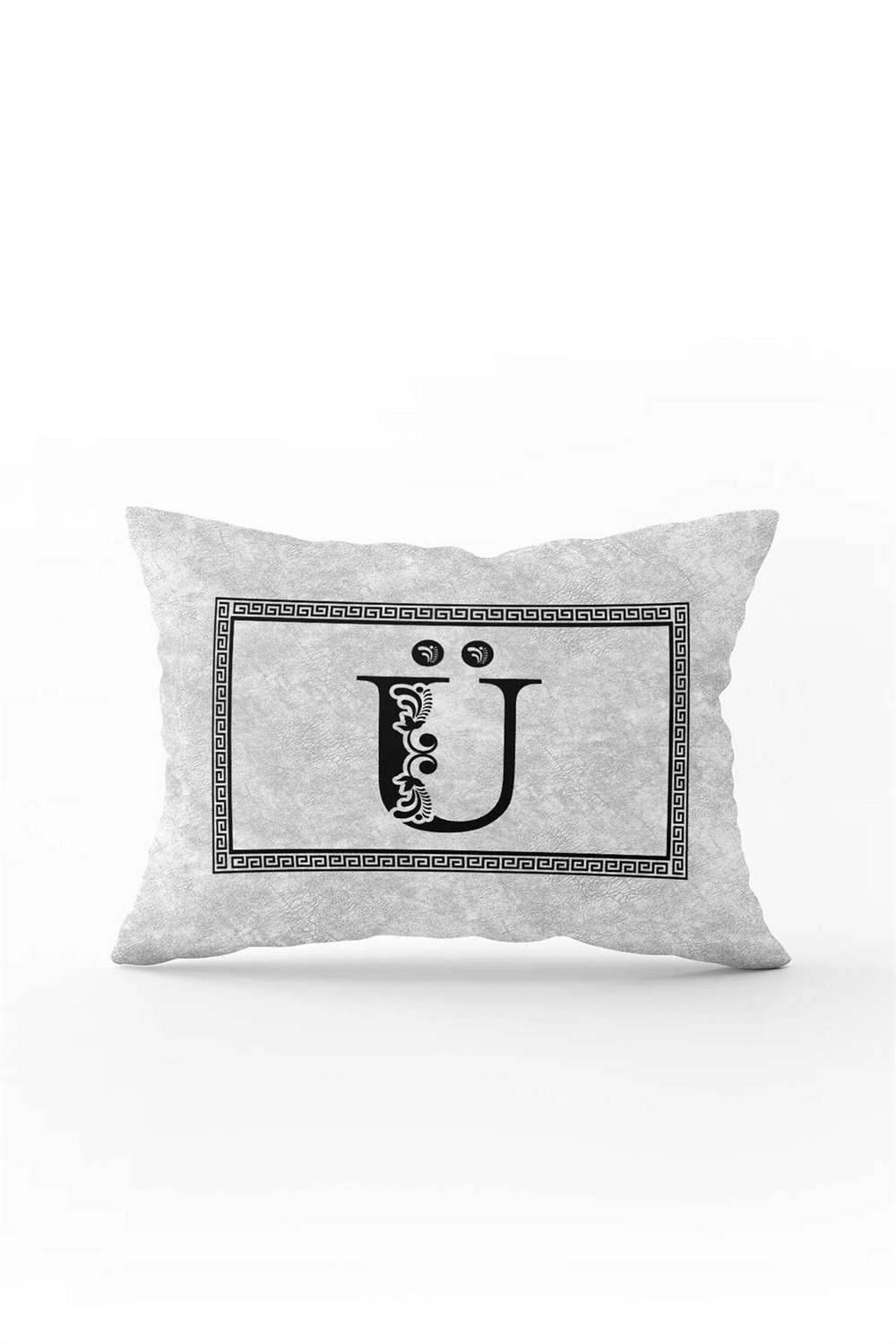 Gri Siyah Harfli Çift Tarafı Dijital Baskılı Kırlent Kılıfı Ü Harfi