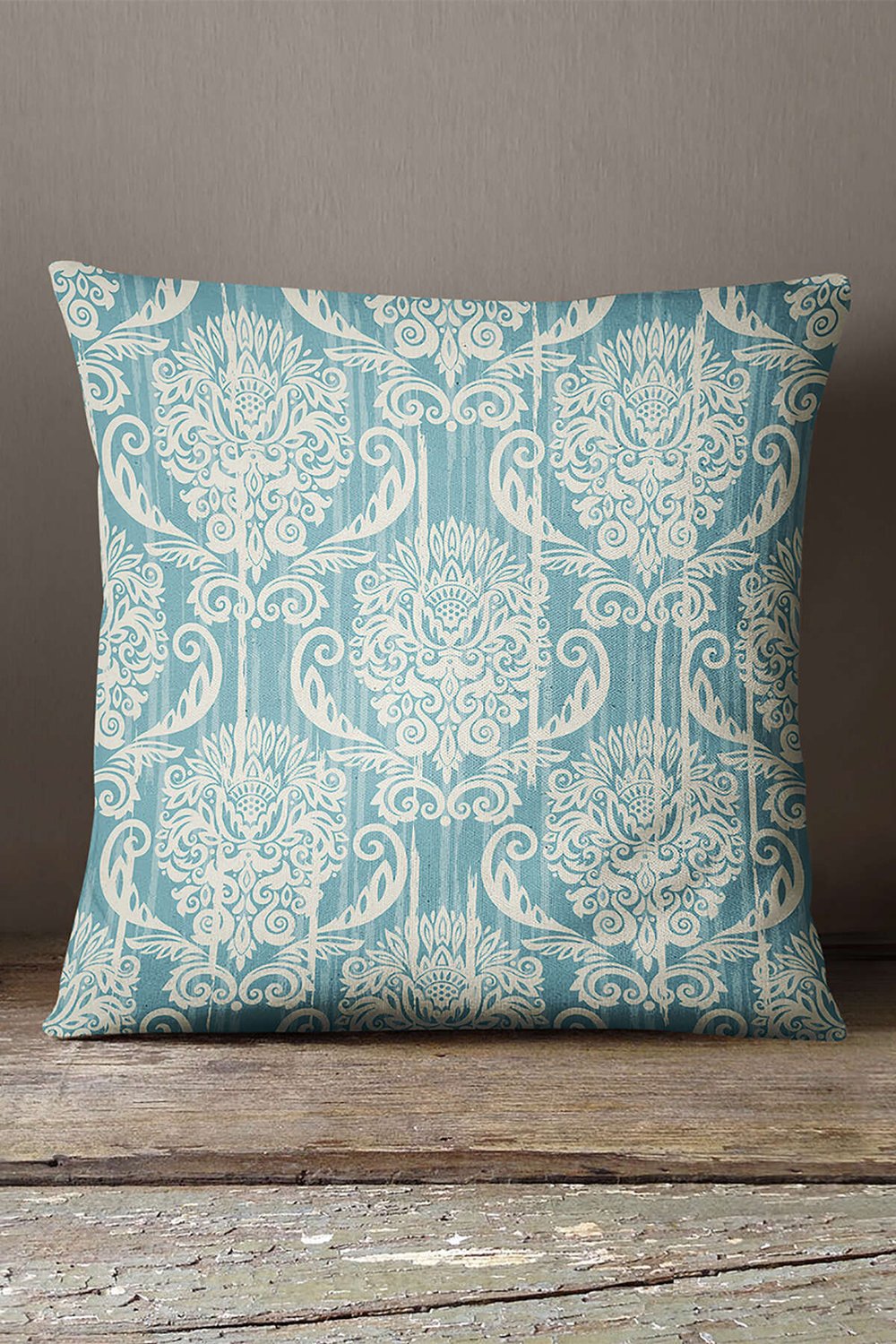 Kadife Babyface Mavi Krem Damask Desenli Kırlent Yastık Kılıfı - CGH096