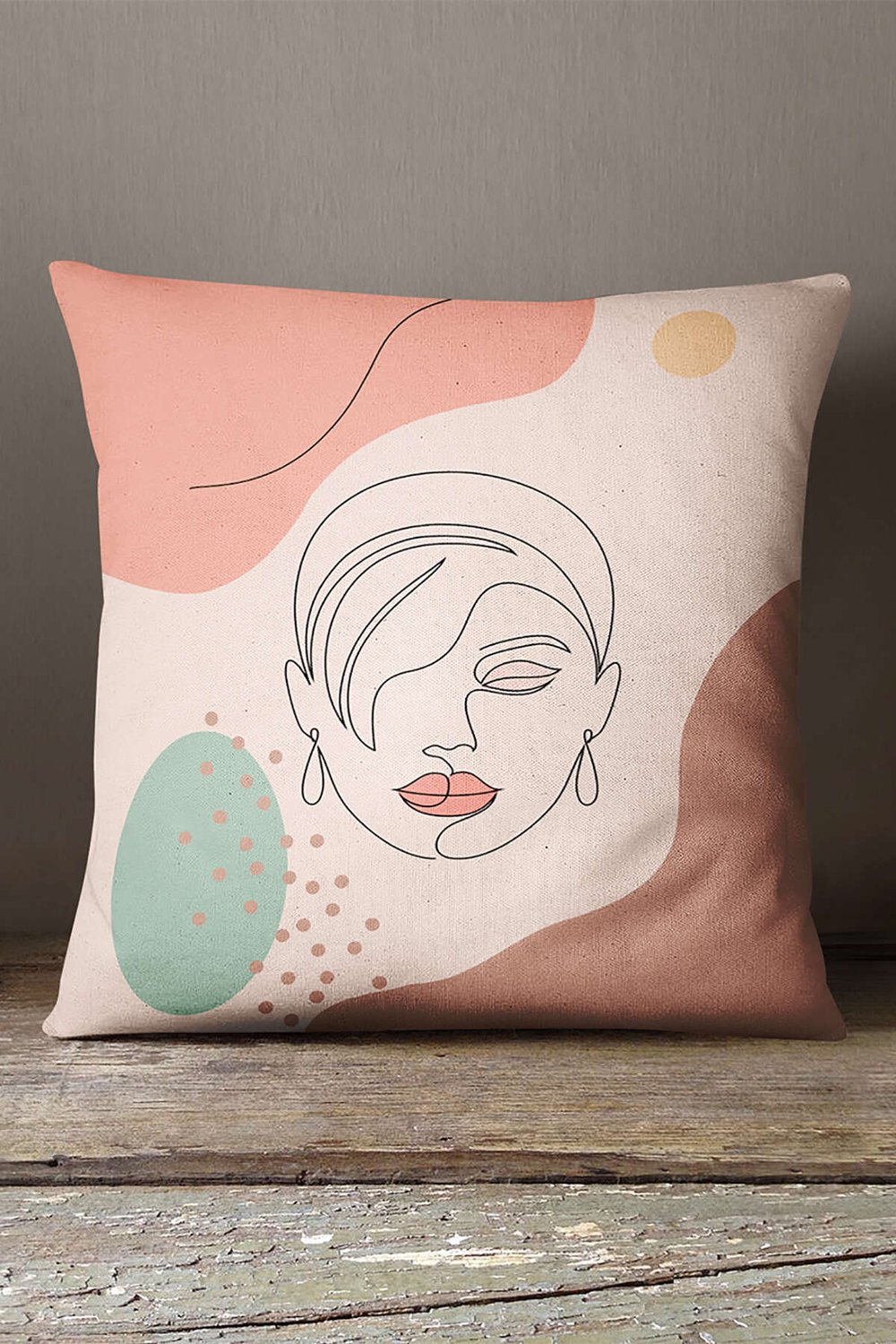 Kadife Babyface Pembe Yeşil Soyut Modern Kadın Figür Desenli Dekoratif Kırent Kılıfı - CGH286