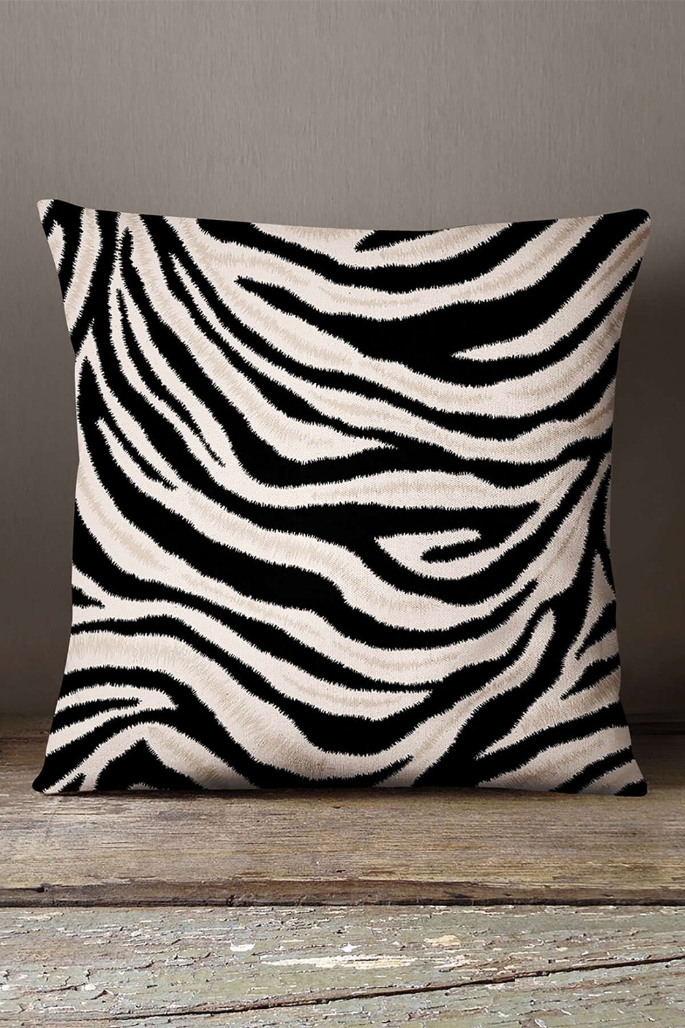 Kadife Babyface Siyah Bej Zebra Desenli Dijital Baskı Kırlent Yastık Kılıfı - CGH348