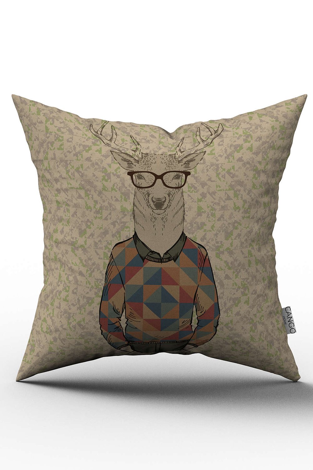 Kahverengi Hipster Geyik Figürlü Dijital Baskılı Kırlent Kılıfı  - OTYK716