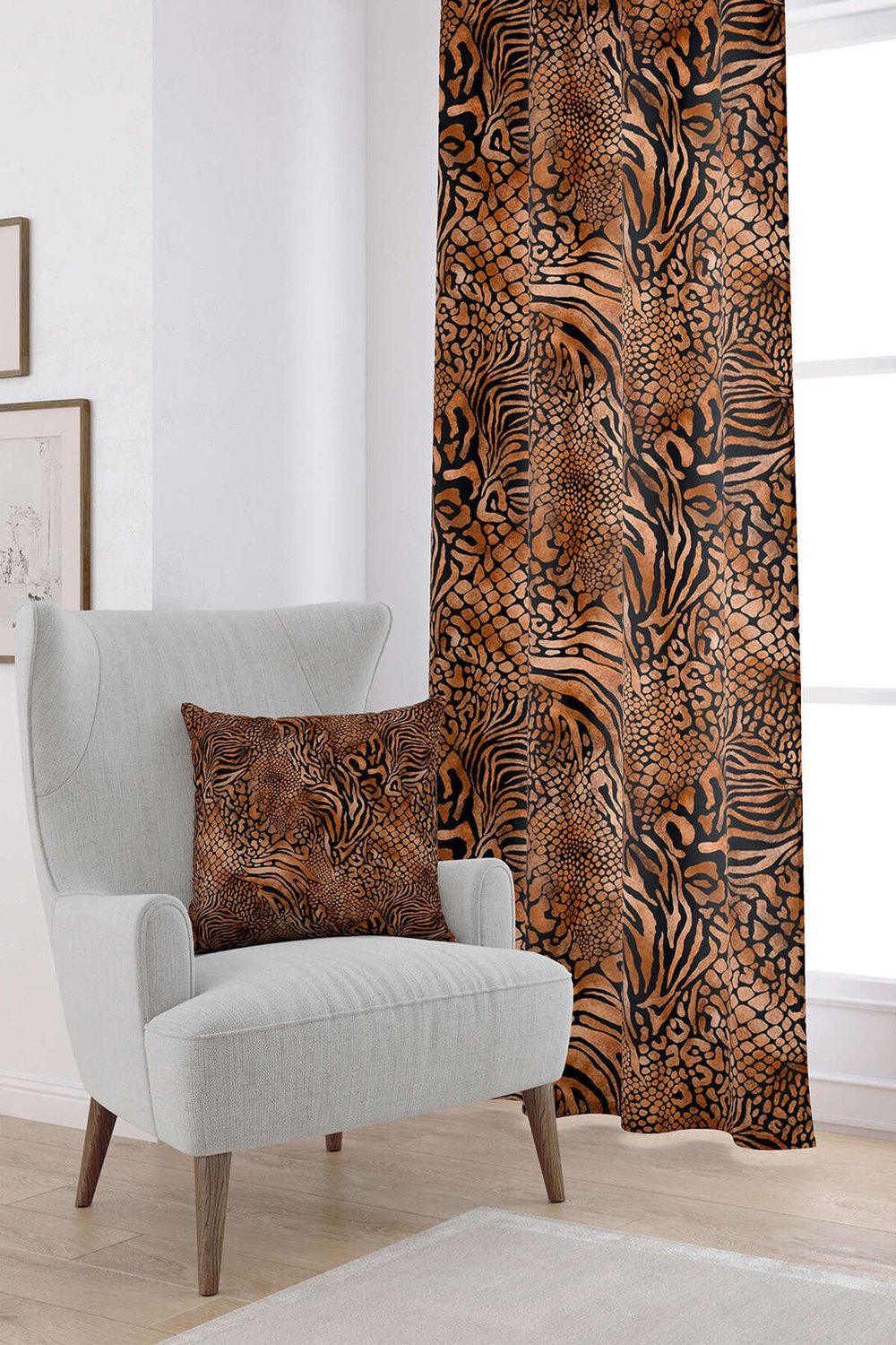 Kahverengi Turuncu Zebra Leopar Desenli Dijital Baskılı Perde CGH350-PR