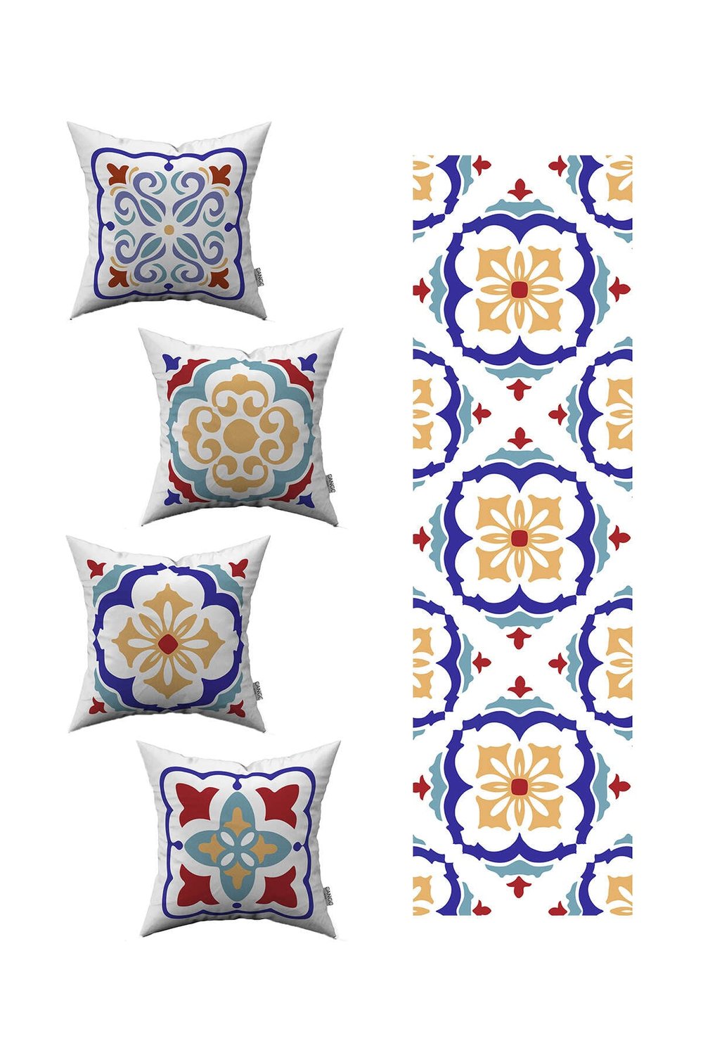 Kırmızı Mavi Modern Etnik Karo Desenli 4'lü Kırlent Kılıfı 1 Runner Seti 4kmbs99-RS-02