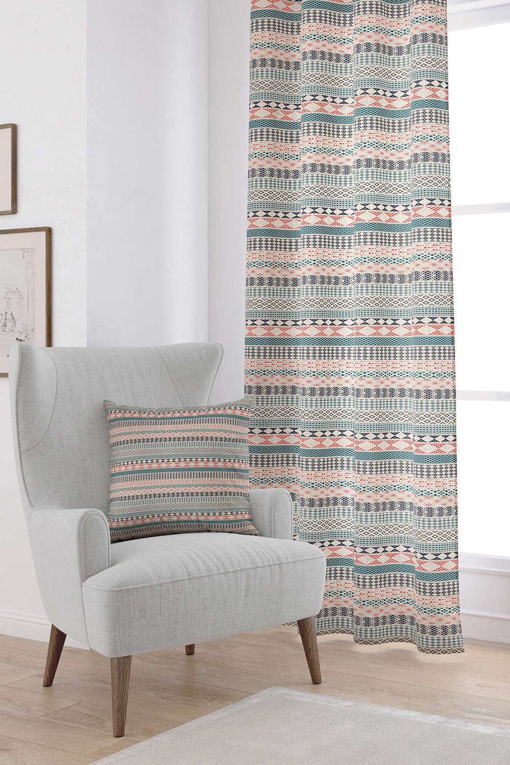 Krem Turuncu Etnik Kilim Desenli Dijital Baskılı Perde CGH1109-PR