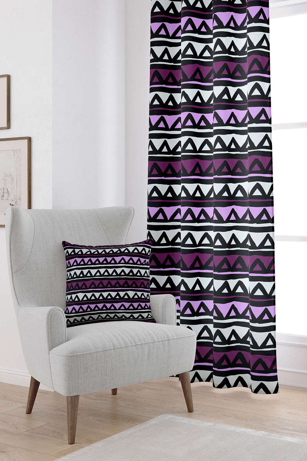 Mor Siyah Geometrik Modern Dijital Baskılı Perde CGH231-PR