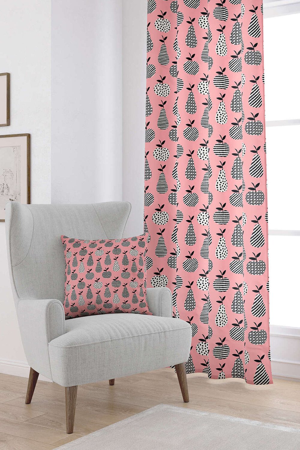 Pembe Siyah Dekoratif Meyve Desenli Dijital Baskılı Perde CGH598-PR