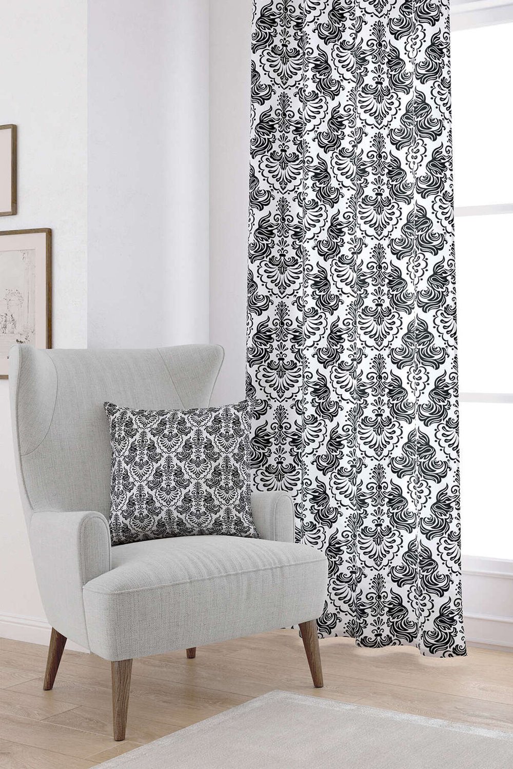 Siyah Beyaz Etnik Damask Desenli Dijital Baskılı Perde CGH343-PR