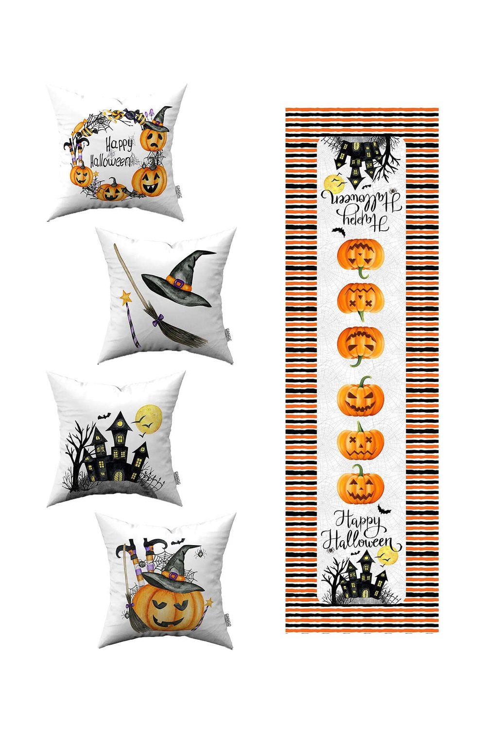 Turuncu Halloween Balkabağı Desenli 4lü Kırlent Kılıfı 1 Runner Seti 4kmbs133-RS