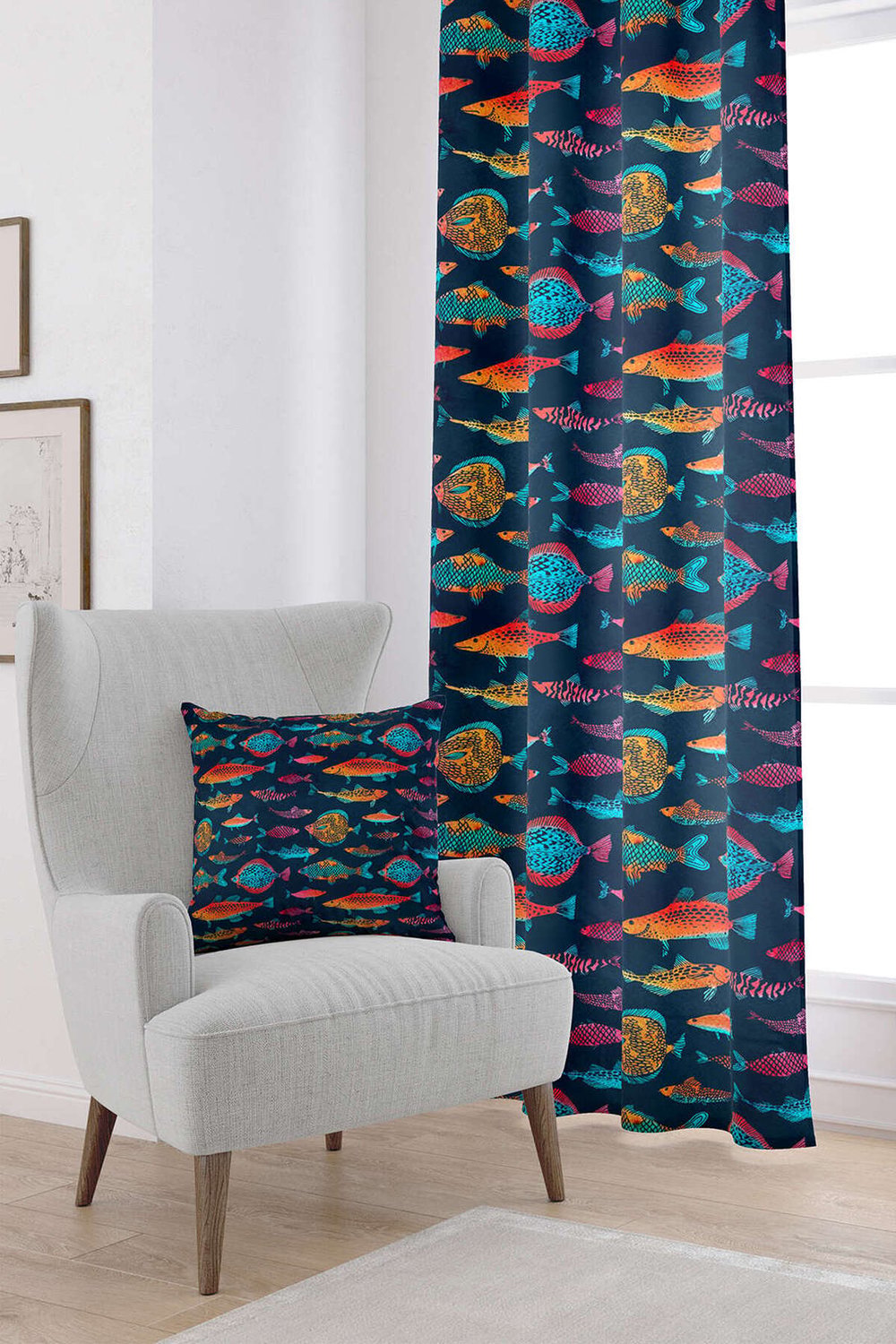 Turuncu Lacivert Balık Figürlü Dijital Baskılı Perde CGH236-PR