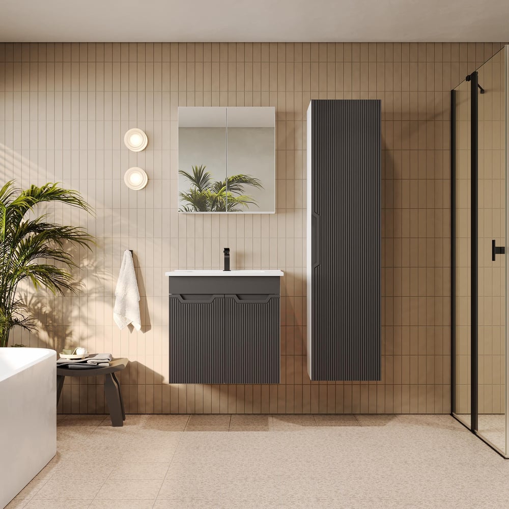 Banyo Dolabı, Ayna Ve Lavabo Seti, Boy Dolaplı 65 Cm, Antrasit Gri