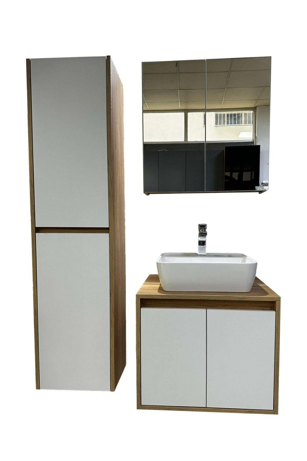 Banyo Dolabı Mdf 65 cm Boy Dolaplı Çanak Lavabolu kulpsuz