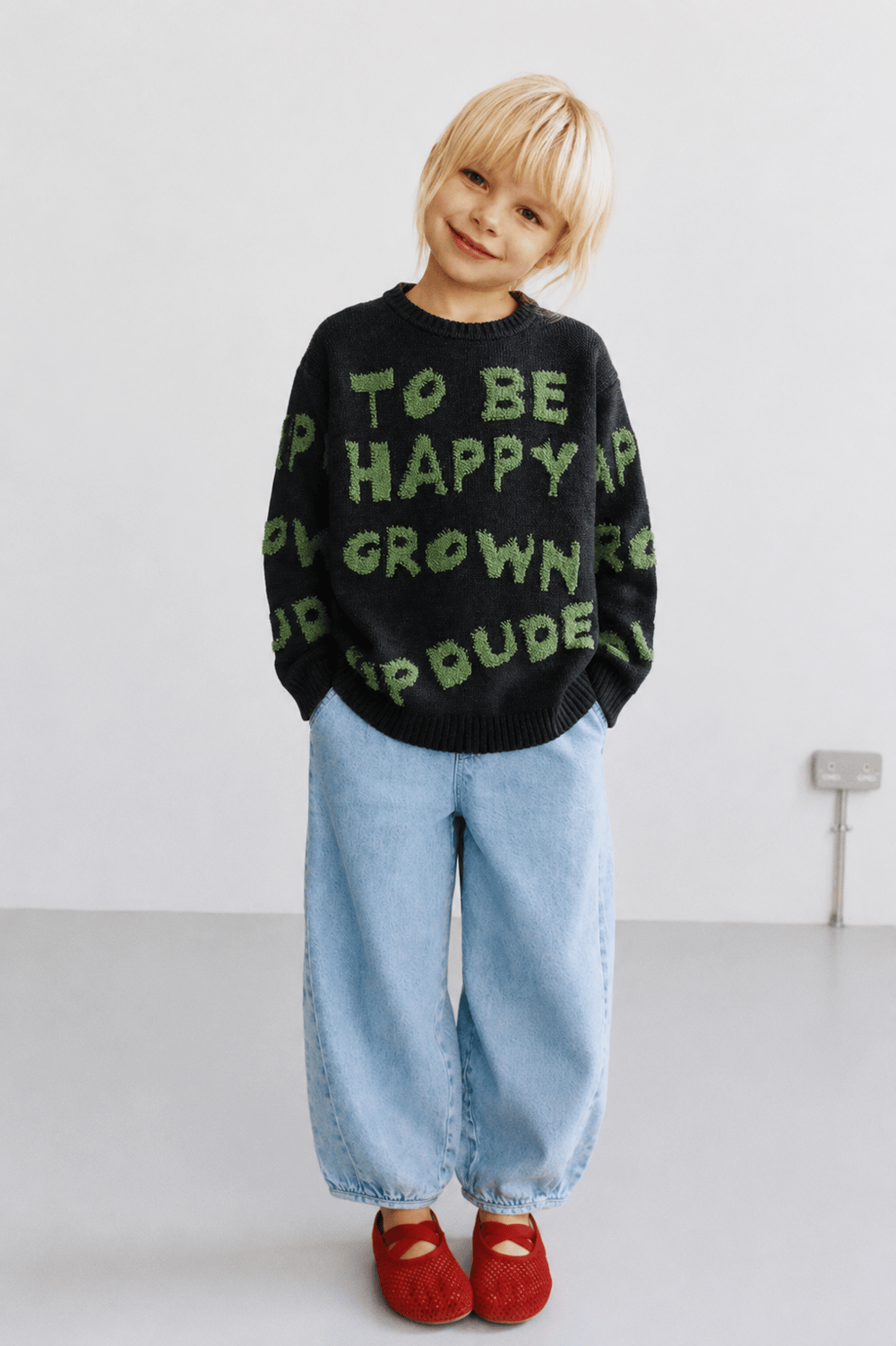 Girls Knitted Long Sweater with Text Ages 6–16 – 422400