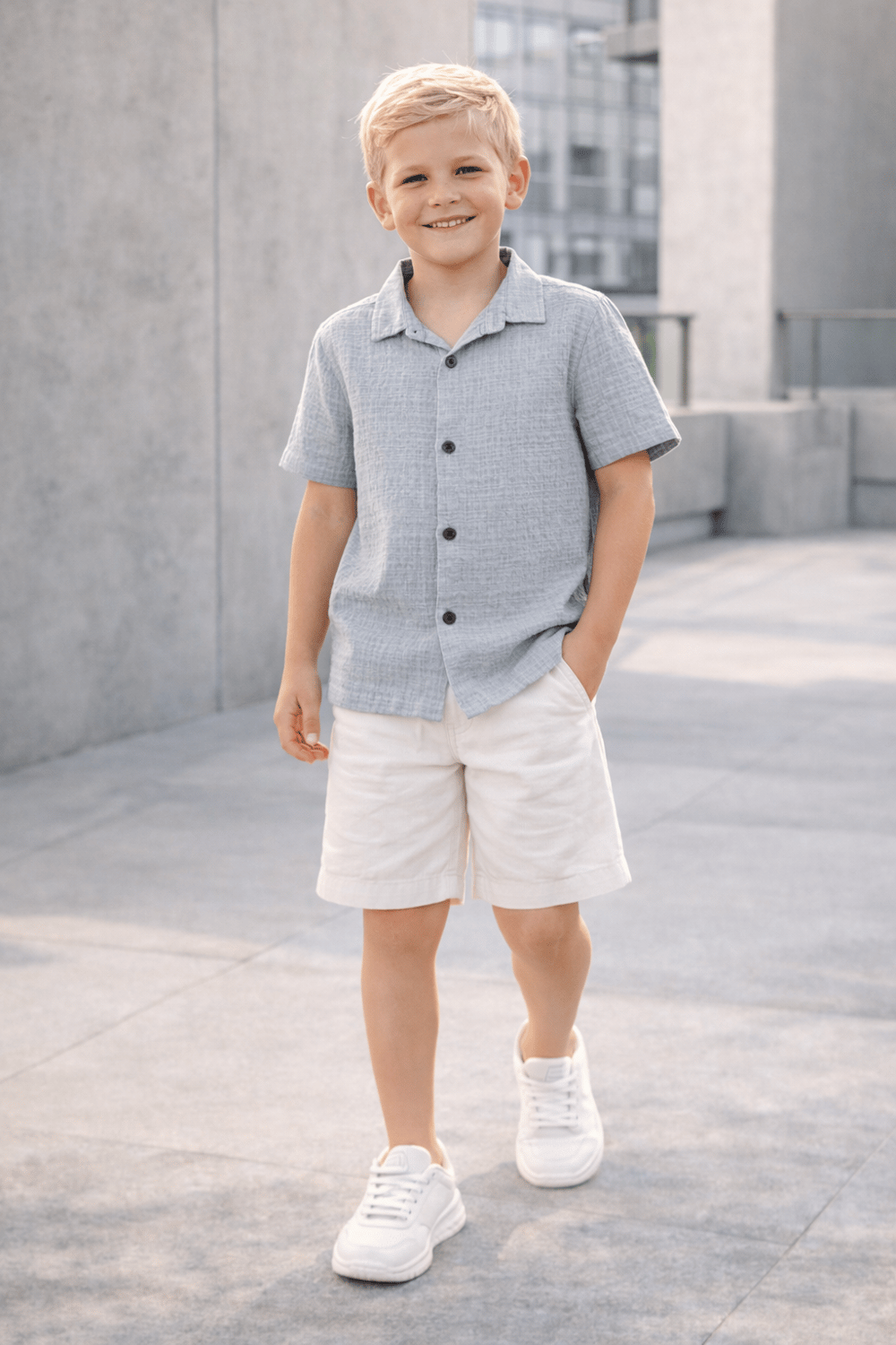 Erkek Çocuk Gofre Kumaş Cepli Kısa Kollu Gömlek 3-8 Yaş 126114