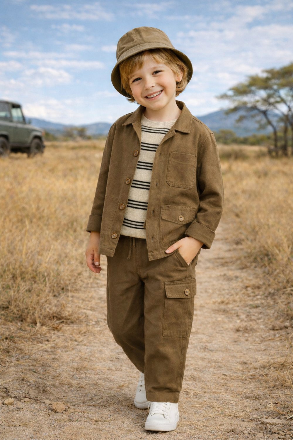 rkek Çocuk Keten Yarım Lastik Bel Kargo Pantolon 3-8 Yaş 126224