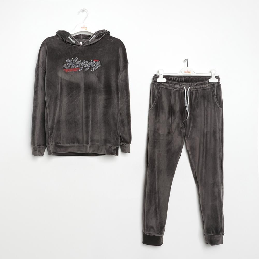 422900Kız Çocuk Kapşonlu Sweatshirt Pantolon Kadife Takım 1-5 Yaş