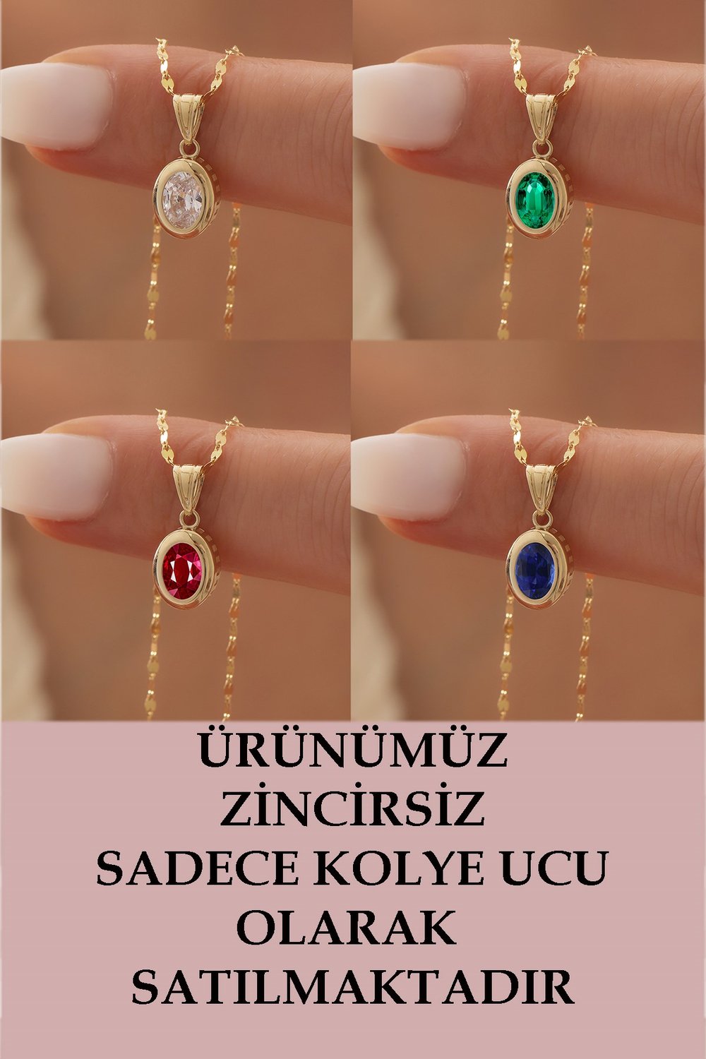 14 Ayar Altın Oval Şık Tek Taş Kolye Ucu