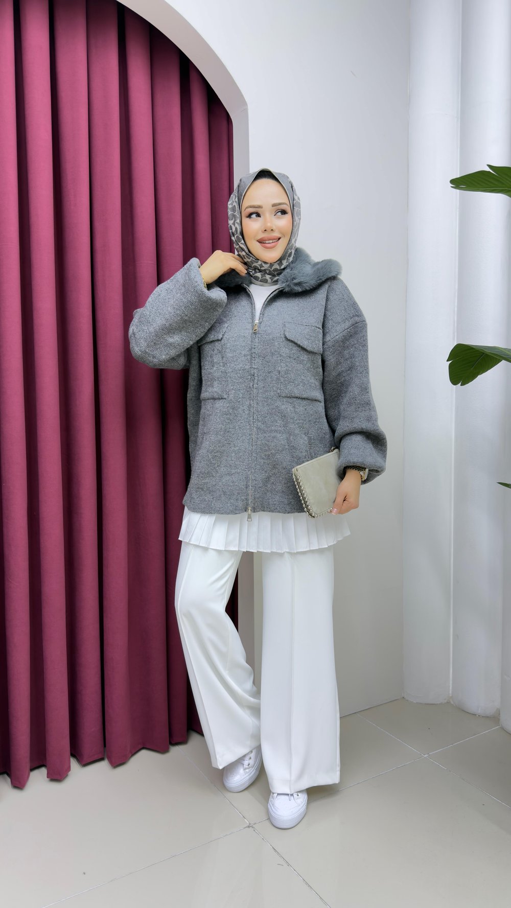 Kürk Yaka Hırka | Gri