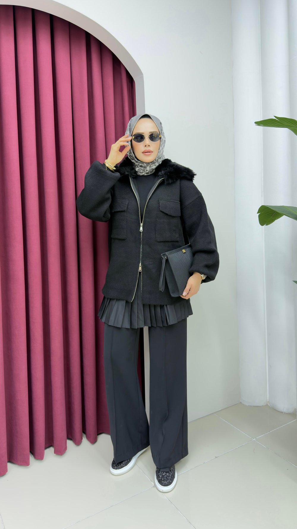 Kürk Yaka Hırka | Siyah