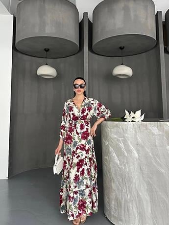 Beli Lastikli Önden Düğüm Detaylı Çiçek Desenli Maxi Elbise