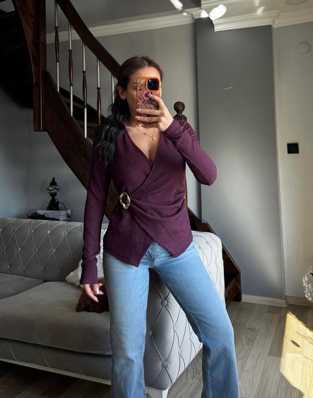 Bordo Gold Aksesuar Detaylı Kruvaze Bluz