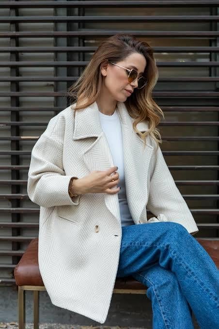 Ekru Balıksırtı Oversize Kaşe Kaban