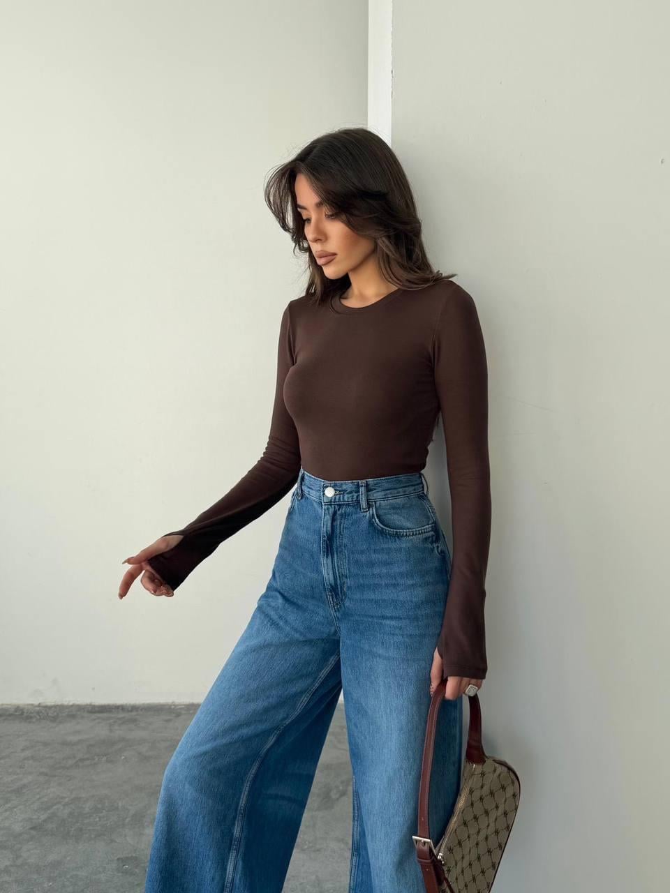 Kahve Parmak Geçmeli Basic Bluz