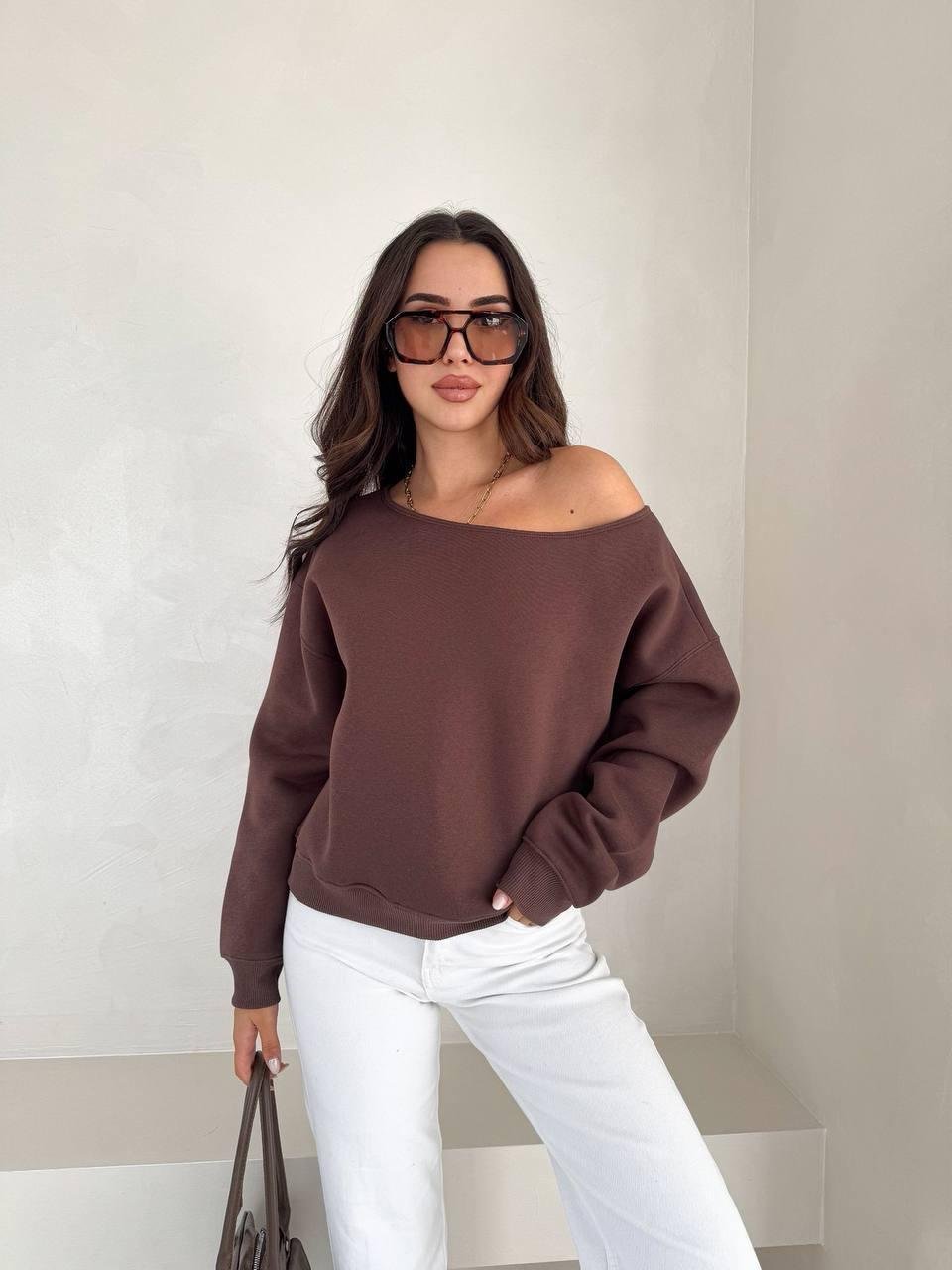 Kahverengi Tek Omuz Sweatshirt 