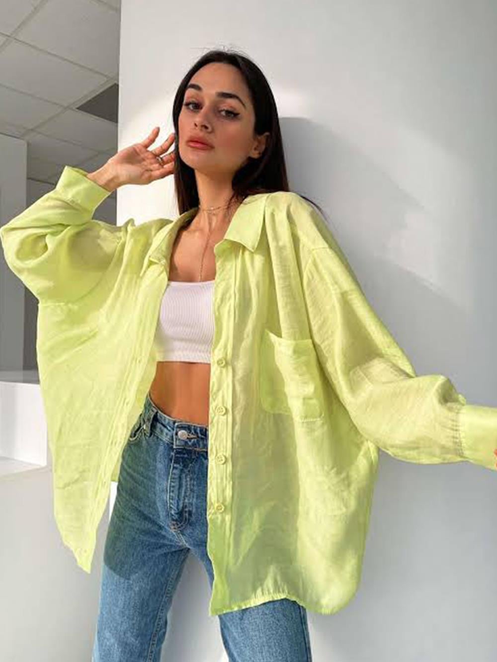 Neon Yeşil Omuzlu Oversize Gömlek