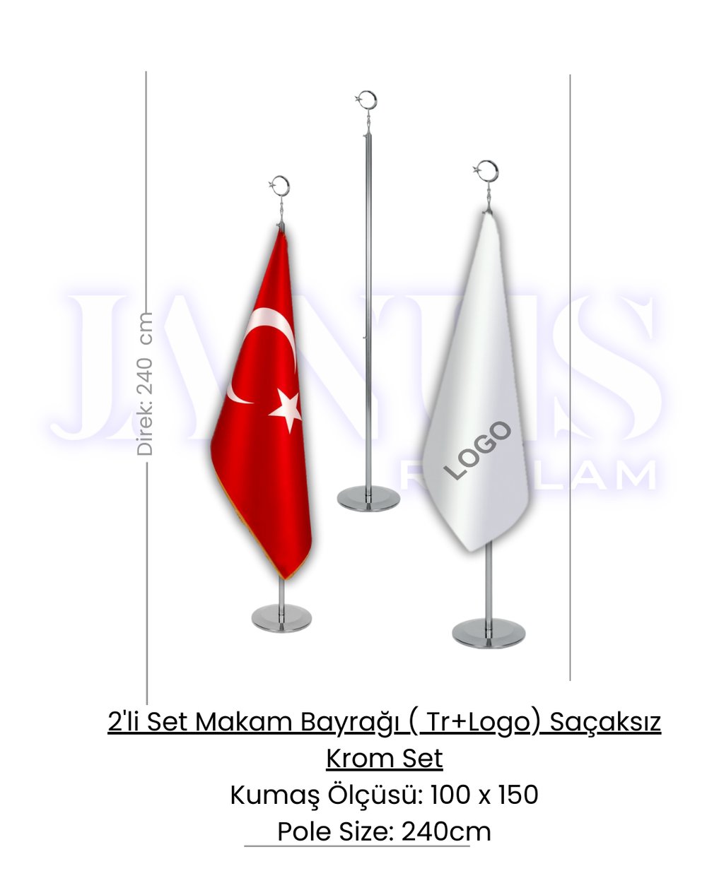 2'li Set Makam Bayrağı ( Tr+Logo) Saçaksız Krom Set