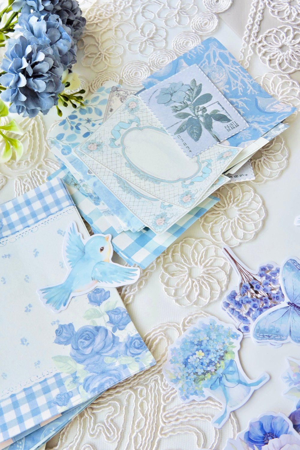 Nova Crafts Açık Mavi Tonları Junk Journal Seti 100 parça  40 adet Sticker 60 Adet Kağıt)  Scrapbook / Bullet Journal için uygundur