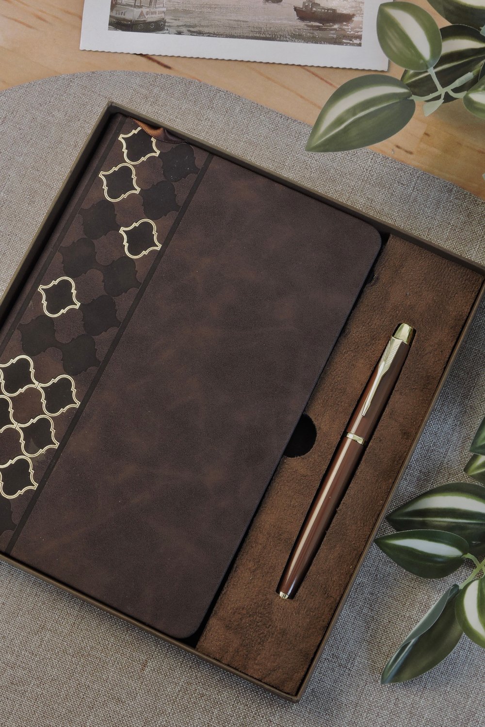 Nova Crafts Kutulu Acı Kahve Mozaik Desenli Çizgili Defter Kalem Seti