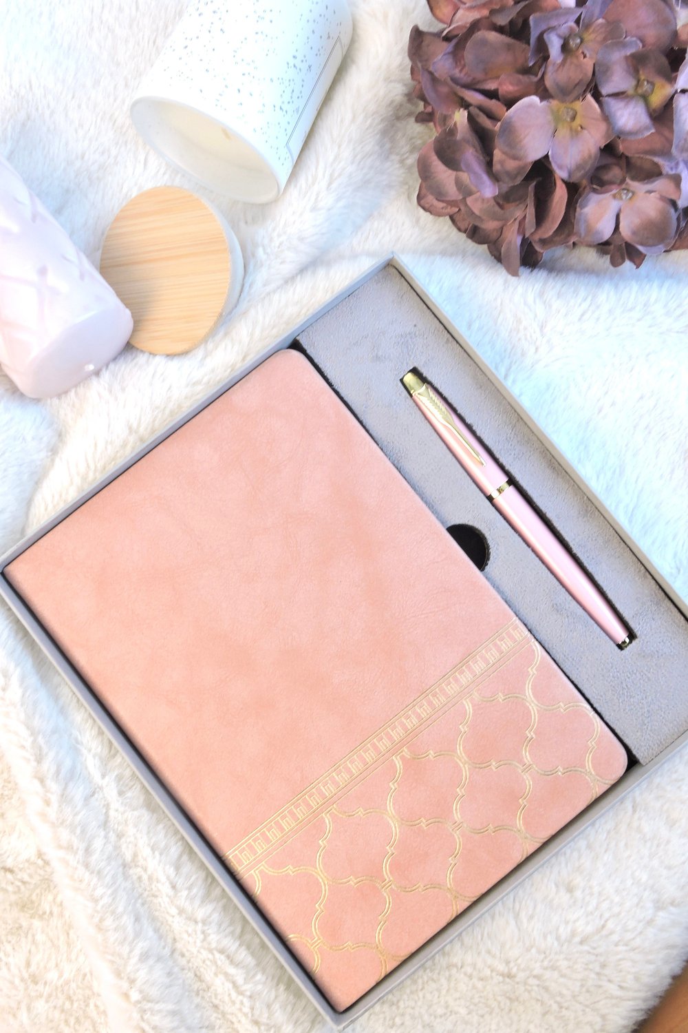 Nova Crafts Kutulu Toz Pembe Mozaik Desenli Çizgili Defter Kalem Seti