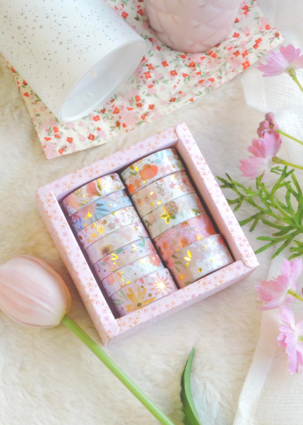 Nova Crafts Pembe Kutu Çiçekler Temalı Yaldızlı Washitape Seti ( 12 Adet Washitape )