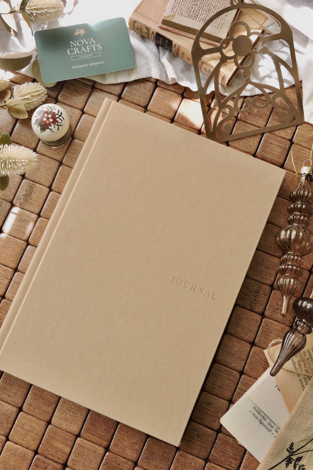 Nova Crafts Zarafet Serisi |  Krem Journal Yaldızlı Keten Çizgili Defter  