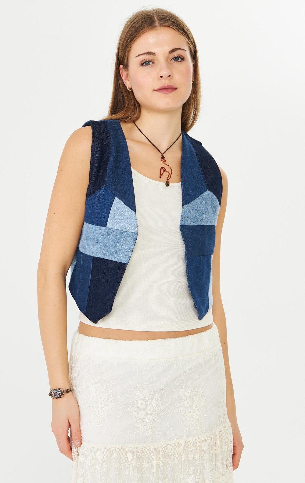Denim Yelek Mavi Patchwork