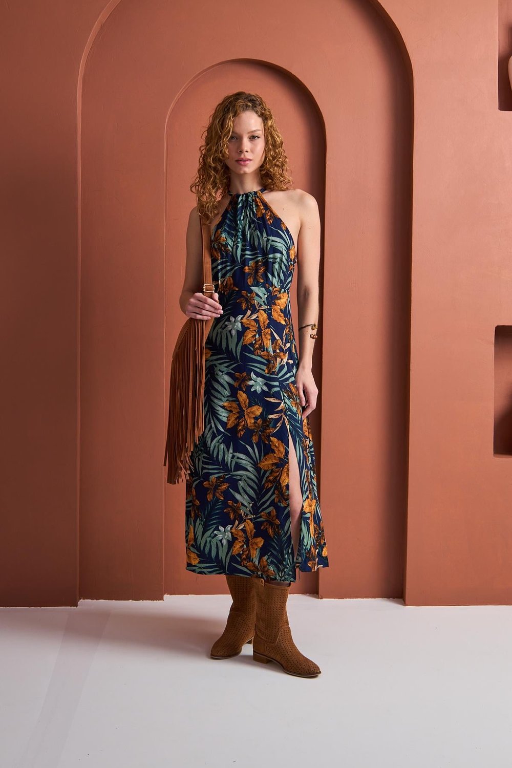 Floral Print - Çiçek Baskılı Viskon Dokuma Uzun Boy Elbise