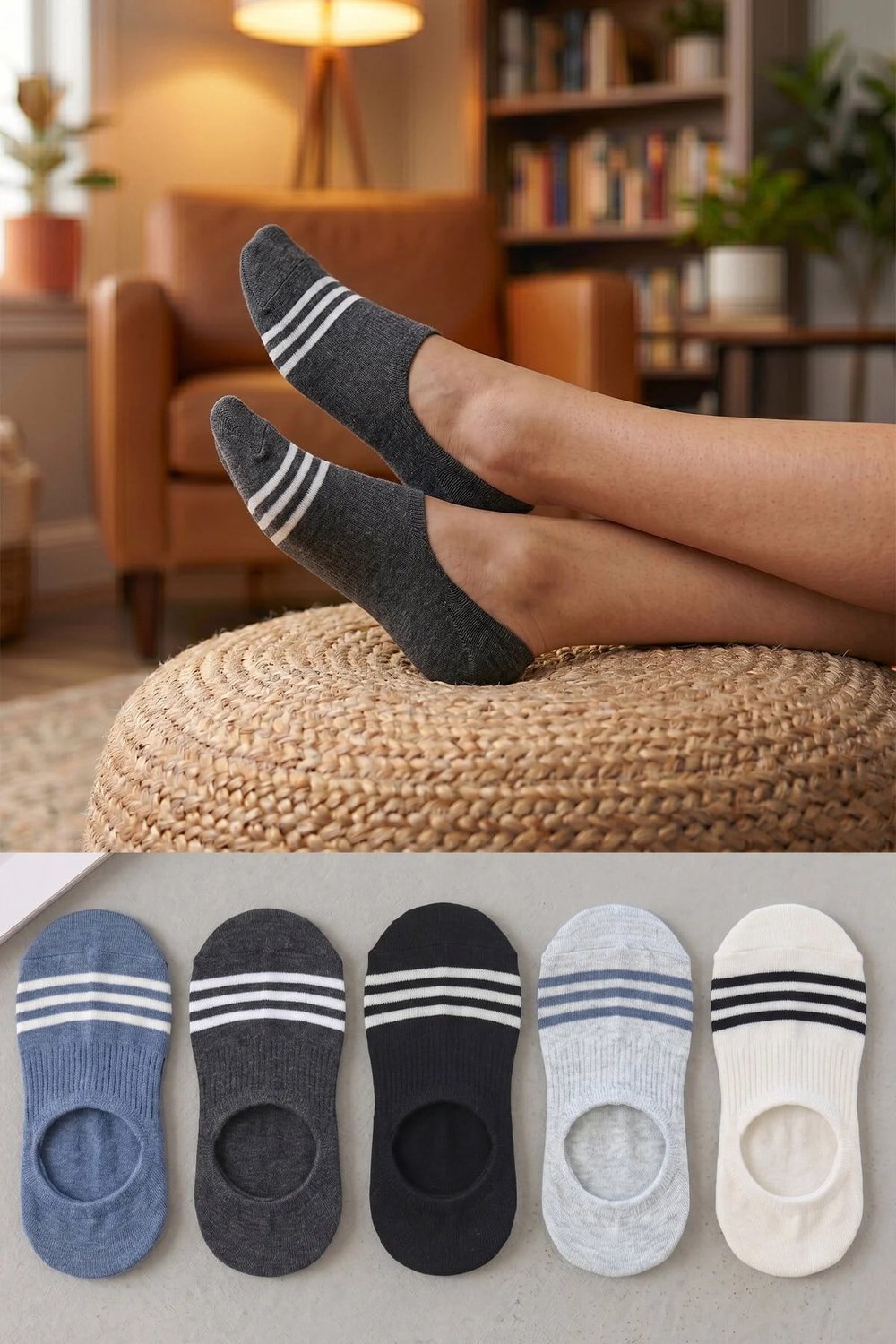 5 Çift Erkek Görünmez Çizgili Sneaker Çorap Renkli