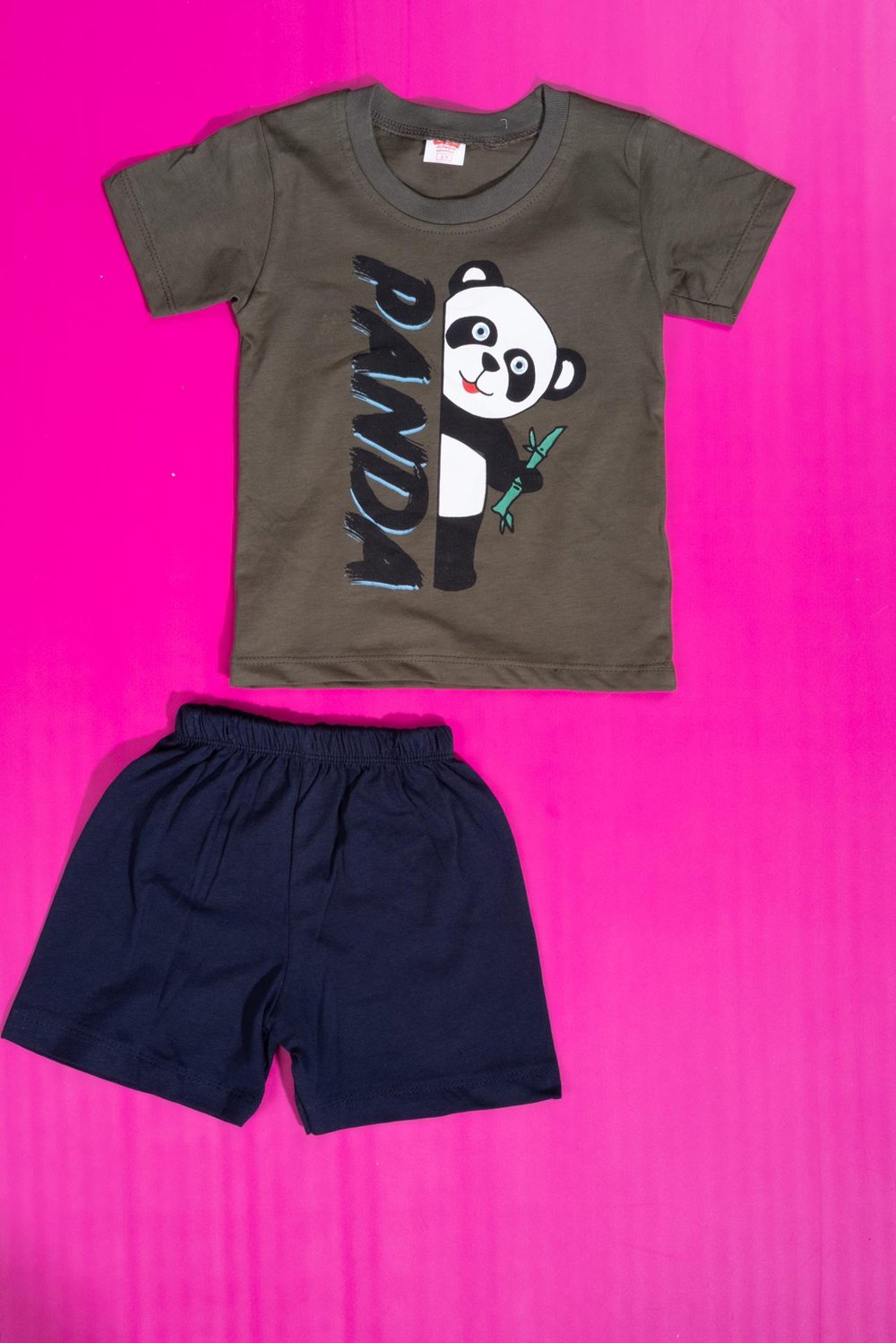 Panda Baskılı Erkek Bebek Şortlu Takım Haki