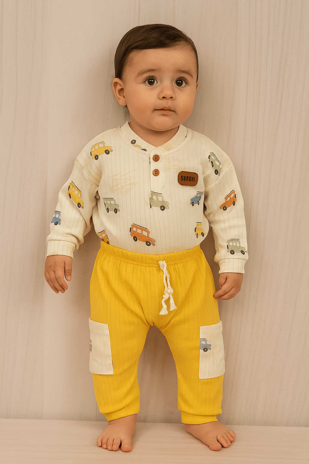 Safari Araç Desenli Altlı 2li Bebek Takımı Sarı