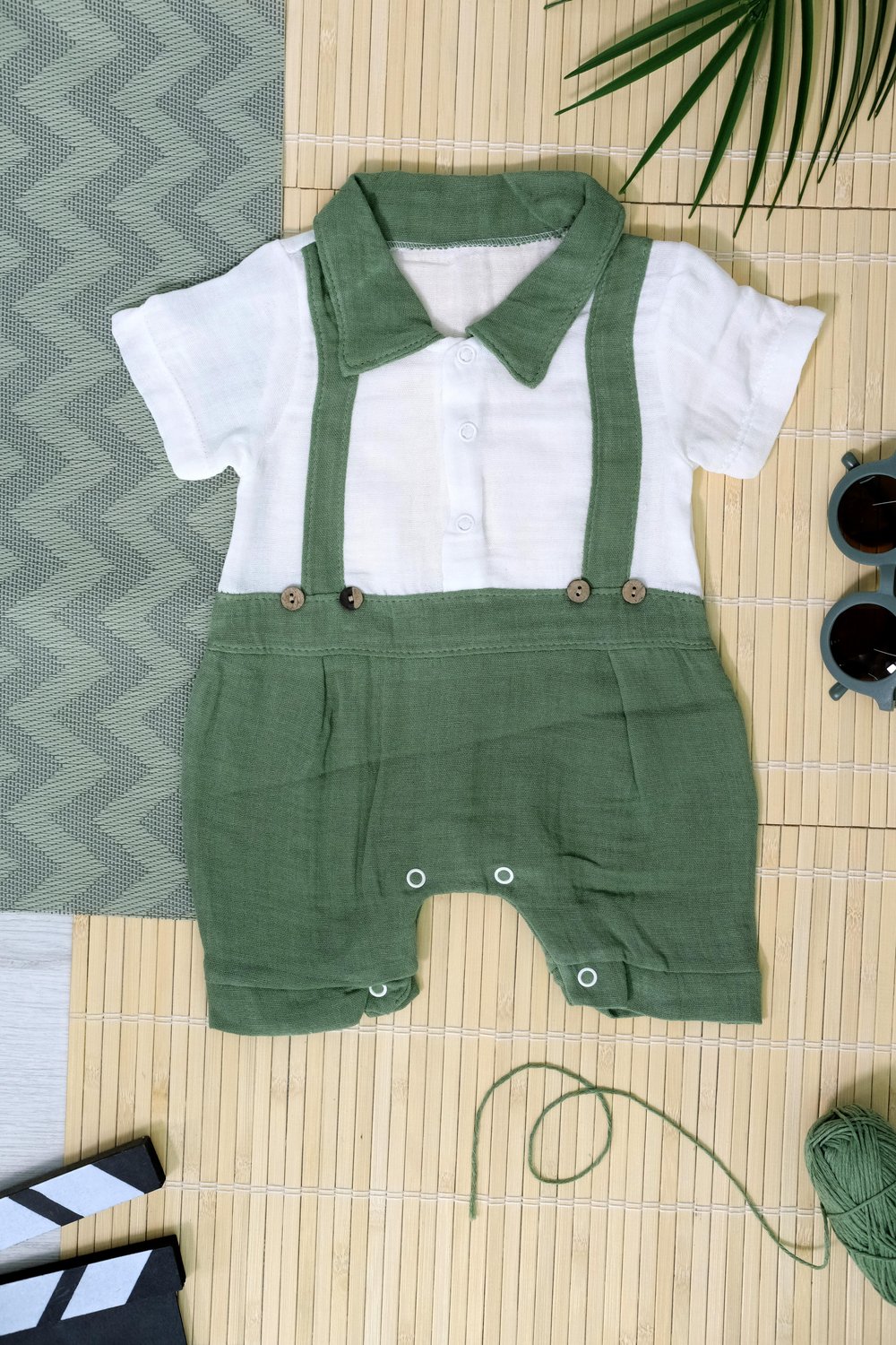 Unisex Askılı Görünümlü Kısa Kollu Bebek Tulum Yeşil