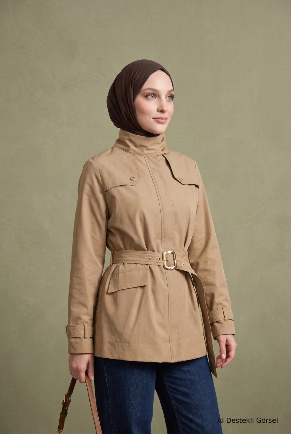 Dik Yaka Tam Boy Fermuarlı Belden Kemerli Ceket 76 Cm Boy CAMEL