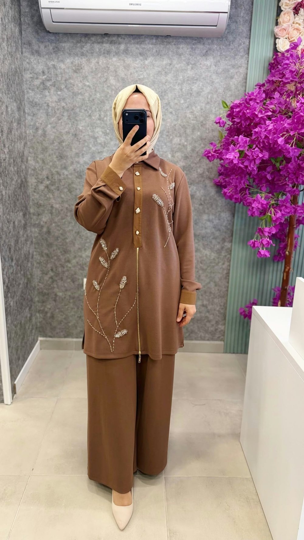 MEVA PLUS Tasli yaprak desenli tunik pantolon takim 340TP