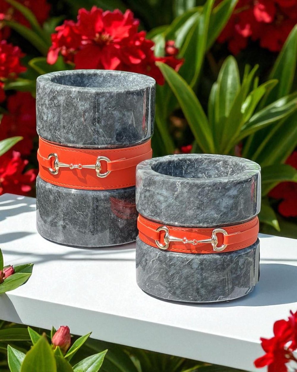 Gri Mermer 2'li Saksı Turuncu Bantlı 12-18CM 