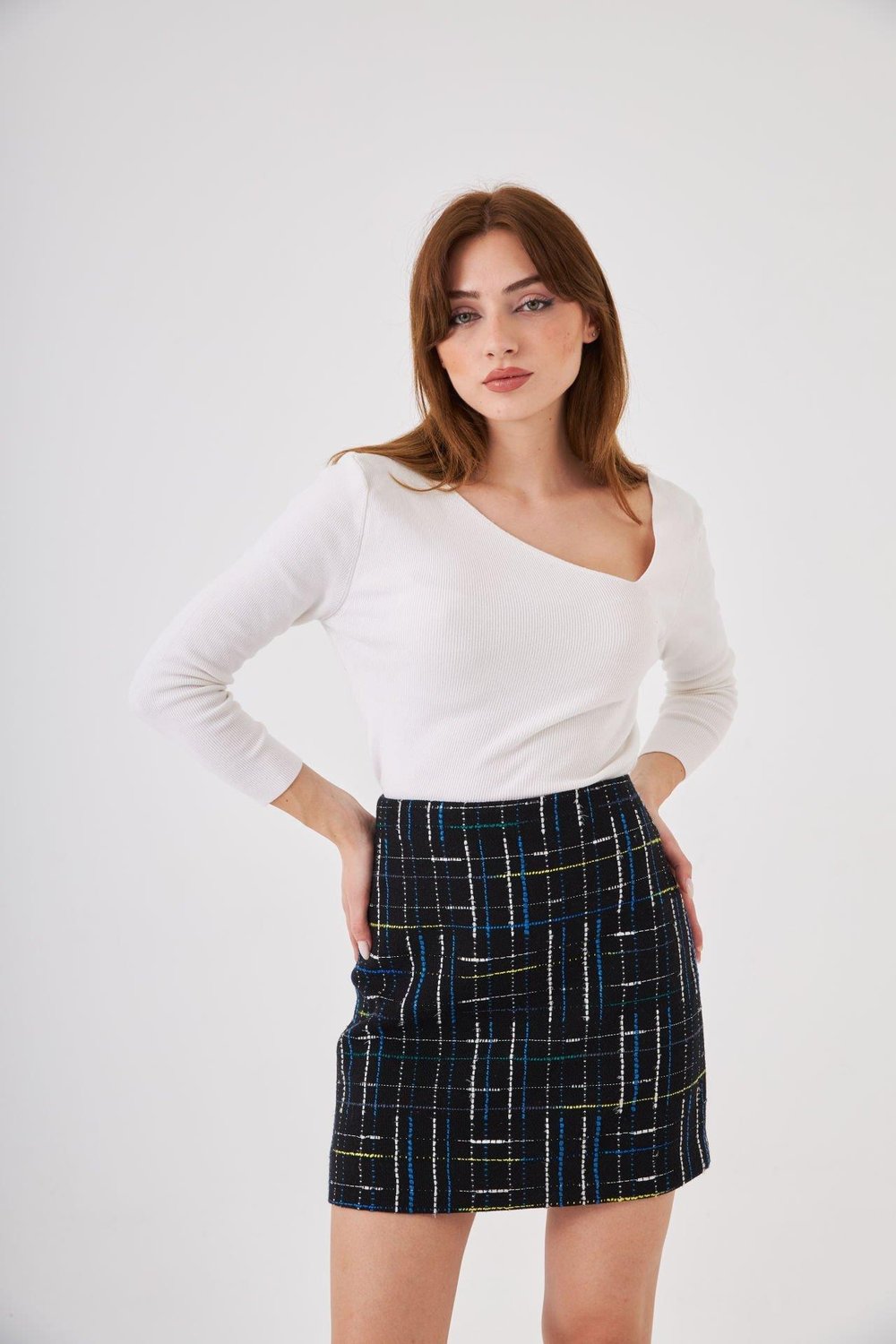 Lacivert Tüvit Ekose Mini Etek