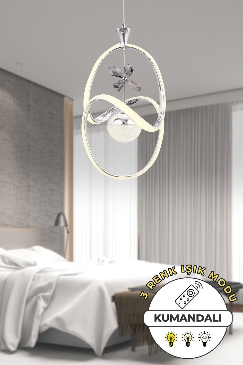 Krom Modern Sarkıt Avize 3 Renk Işık Salon Mutfak Yatak Odası