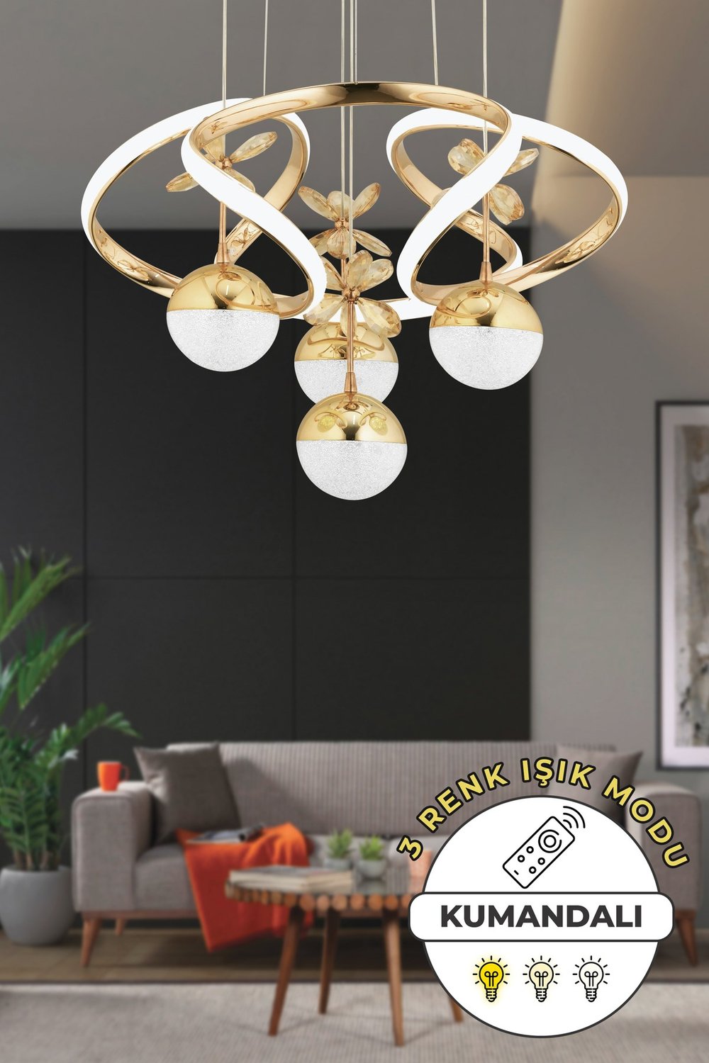 Liva Gold Modern Sarkıt Avize 3 Renk Işık Salon Mutfak Yatak Odası