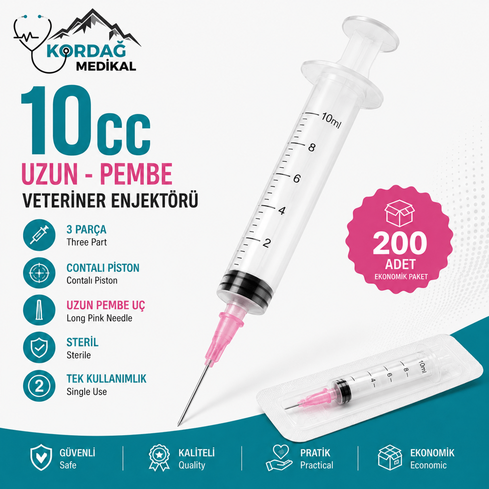 Berika 10 cc 3 Parça Contalı Pembe Uçlu Veteriner Enjektörü (200 Adet)
